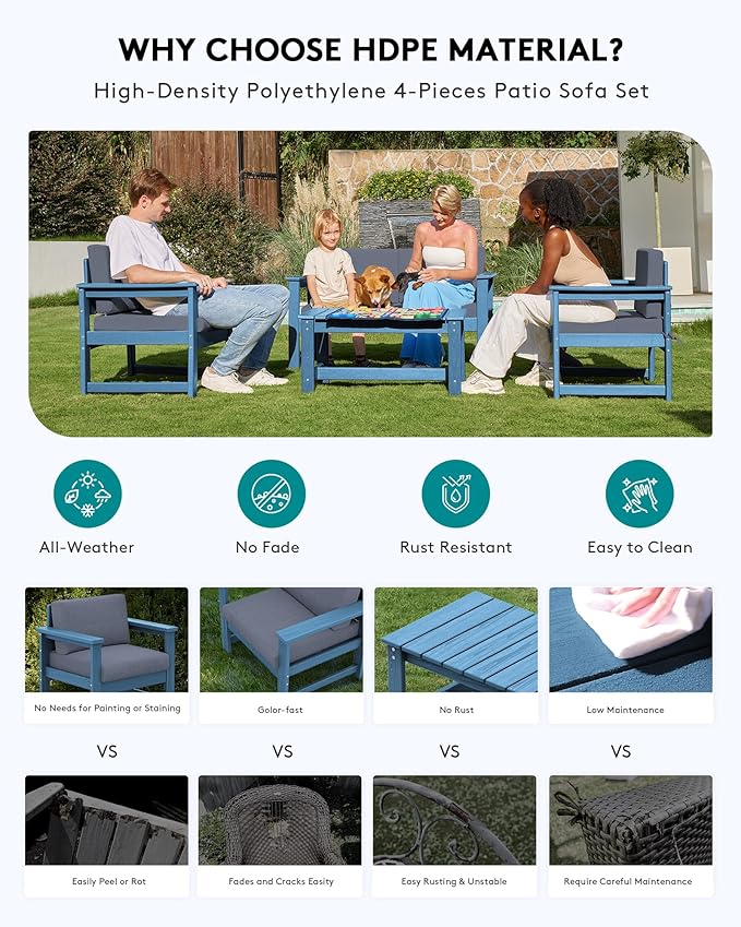 SERWALL 2 Pieces Single Cushioned Lounge Chair, Blue HDPE Outdoor Adirondack Sofa Armchair with Grey Cushion