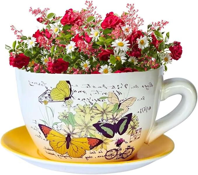 7.5” Round Ceramic Teacup Shape Planter Pot with Saucer for Succulents Orchid Herbs Cactus Indoor Houseplants Flowers for Home Garden and Event Decor Yellow Butterfly Garden