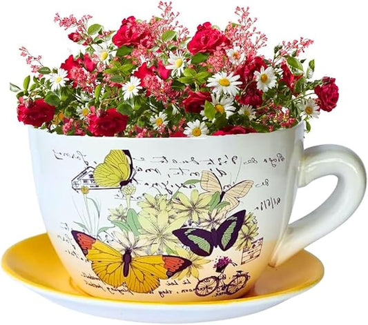 7.5” Round Ceramic Teacup Shape Planter Pot with Saucer for Succulents Orchid Herbs Cactus Indoor Houseplants Flowers for Home Garden and Event Decor Yellow Butterfly Garden