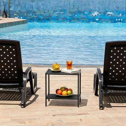 Outdoor Side Table 2 Tier Small Patio End Table with Metal Frame, Weather Resistant Square Porch Coffee Table for Patio, Deck, Garden, Backyard and Balcony, Indoor Outdoor Use, Black