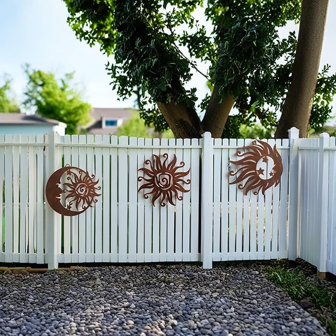 VividLadybug Sun Moon Wall Hanging, Wall Sculpture, Metal Wall Art Indoor/Outdoor Decor Rust Colored Rust Proof Wall Sculpture - Ideal for Bedrooms, Gardens, Homes, Patios and Farmhouses, Set of 3