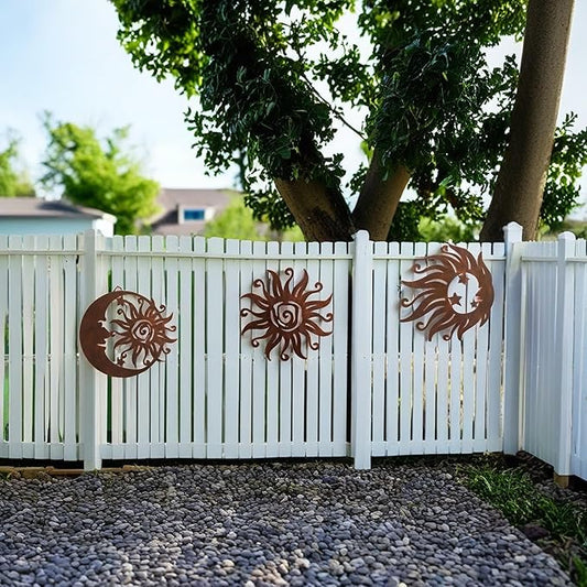 VividLadybug Sun Moon Wall Hanging, Wall Sculpture, Metal Wall Art Indoor/Outdoor Decor Rust Colored Rust Proof Wall Sculpture - Ideal for Bedrooms, Gardens, Homes, Patios and Farmhouses, Set of 3