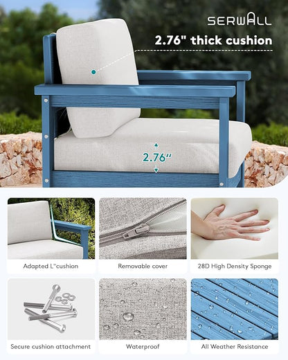 SERWALL 2 Pieces Single Cushioned Lounge Chair, Blue HDPE Outdoor Adirondack Sofa Armchair with Khaki Cushion