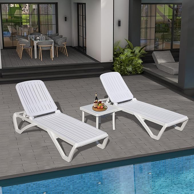 Domi Patio Outdoor Chaise Lounge Chair, All-Weather Plastic Adjustable Reclining Lounger, Stackable Tanning Lounge Chair w/Wheels and Side Table, for Beach Garden Lawn Pool(2 White Chairs W/Table)