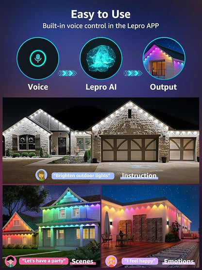 Lepro E1 AI Permanet Outdoor Lights, 100ft 60 LED RGB+IC+Warm/Cool White Smart Outside Light for House Christmas Decor, Alexa Google Enabled, 2.4 GHz WiFi/Bluetooth, APP Control NO Remote Controller