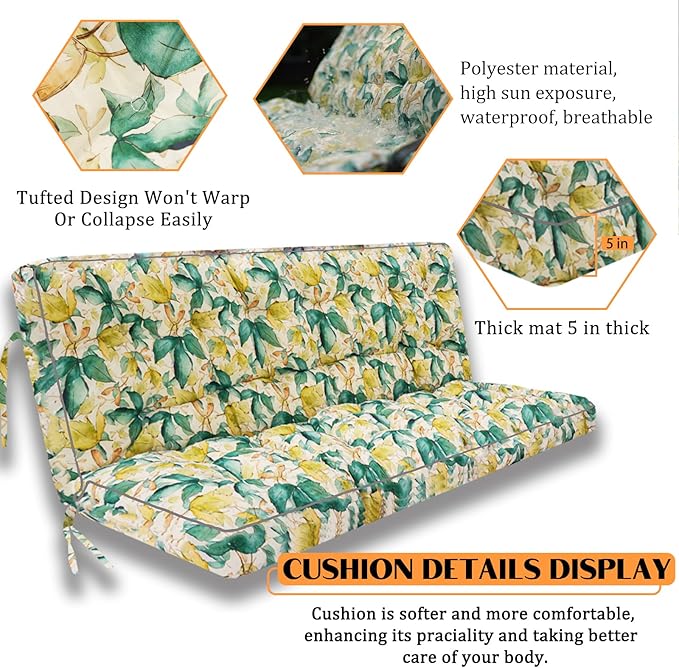 Swing Replacement Seat Cushions, 2-3 Seater Bench Cushions for Outdoor Furnitur with Backrest, Garden Recliner Seat Cushions Waterproof Sofa Pads (Clover, 63x40in)