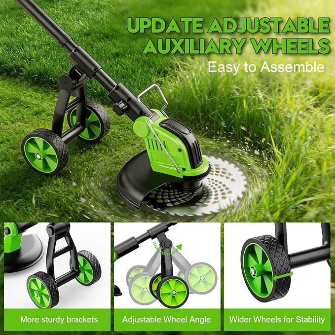 20000 RPM Electric Weed Wacker Cordless, 12″ Brushless Weed Eater Battery Powered with Wheel, 4-in-1 Grass Trimmer/Brush Cutter/String Trimmer, Lawn Mower Edger Stringless Weed Trimmer, 2 Battery Tool