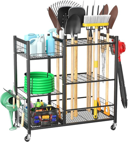 WALMANN Large Garden Tool Organizer with Wheels for Garage, Rakes/Shovels/Yard Tools Storage Stand for Yard, Garden, Indoor/Outdoor Long-Handled Tools Rolling Cart(Tool stand with shelves)
