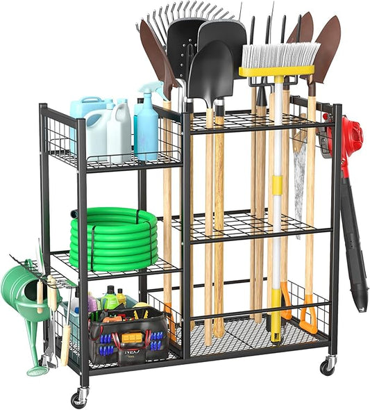 WALMANN Large Garden Tool Organizer with Wheels for Garage, Rakes/Shovels/Yard Tools Storage Stand for Yard, Garden, Indoor/Outdoor Long-Handled Tools Rolling Cart(Tool stand with shelves)