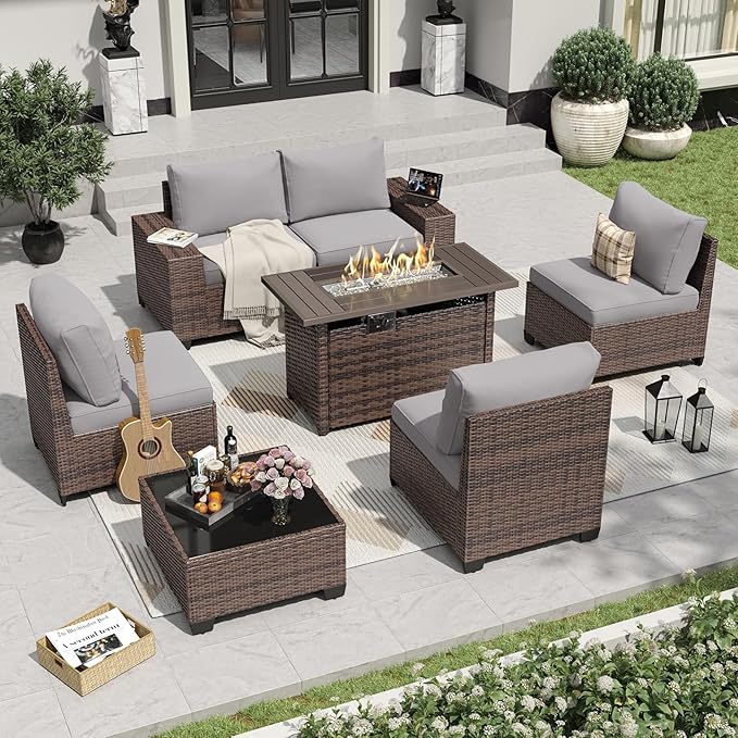 Aoxun 7 Pieces Patio Furniture Set with 44” Fire Pit Table Wicker Rattan Outdoor Sectional Conversation Set with Coffee Table and 4” Thickened Cushions, Gray(Waterproof Cover Included)
