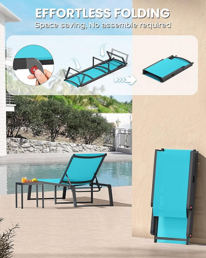 Aluminum Chaise Lounge Chair Outdoor, Foldable& No Assembly Patio Pool Lounge Chairs 5-Position Recliner for Outside, Fully Grounded Legs Sun Lounger for Poolside, Lake Blue, 2 Pack