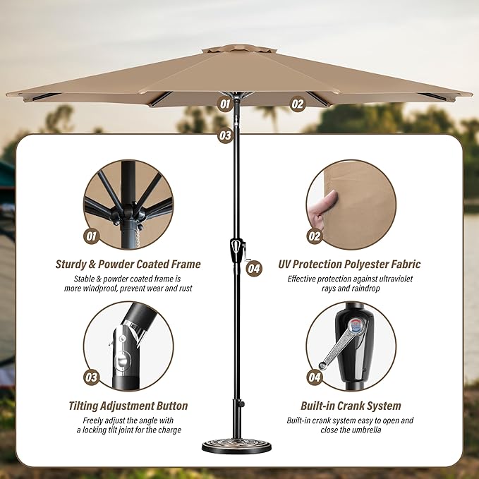 Simple Deluxe 10FT Outdoor Patio Umbrella Table Market Umbrella with Push Button Tilt and Crank, 8 Sturdy Ribs, UV Protection Waterproof for Garden, Lawn, Deck, Backyard, Pool, Tan