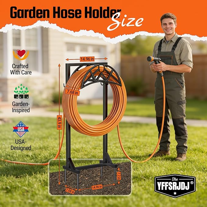 Garden Hose Holder, Heavy-Duty Metal Stand with Stable Base & 2 Tool Hooks, Freestanding Storage Rack for Outside, Holds 150ft – Hose Holders for Yard & Lawn
