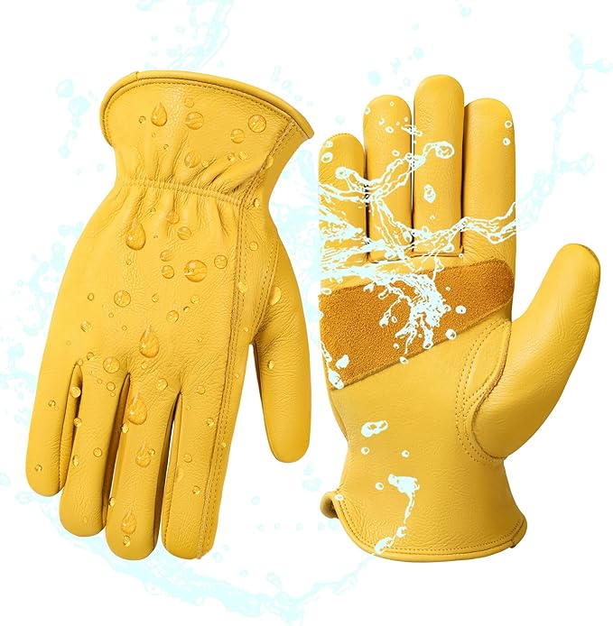 DULFINE Cowhide Leather Work Gloves for Men & Women, Reinforced Durable Gardening Gloves, Puncture & Cut Resistant