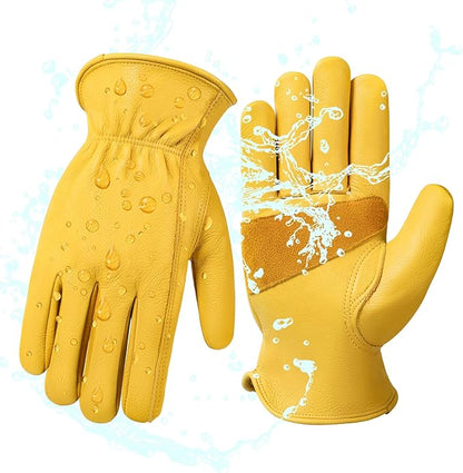 DULFINE Cowhide Leather Work Gloves for Men & Women, Reinforced Durable Gardening Gloves, Puncture & Cut Resistant