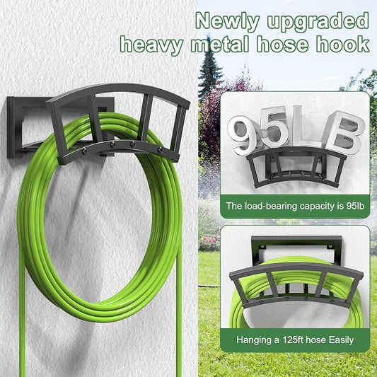 OLV Garden Hose Holder Wall Mounted, Outdoor Heavy Duty Metal Water Hose Holder Hanger Holds 125-ft Water Pipe, Sturdy Detachable Hose Storage Organizer Reel Rack for Outside Garden Lawn Yard Farm