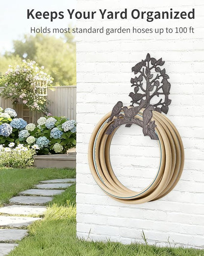 Cast Iron Garden Hose Holder Wall Mount, Rustic Heavy Duty Water Hose Hanger Storage Rack, Decorative Vintage Hose Reel Organizer for Outside Garden Yard Patio, Birds on Branch Design