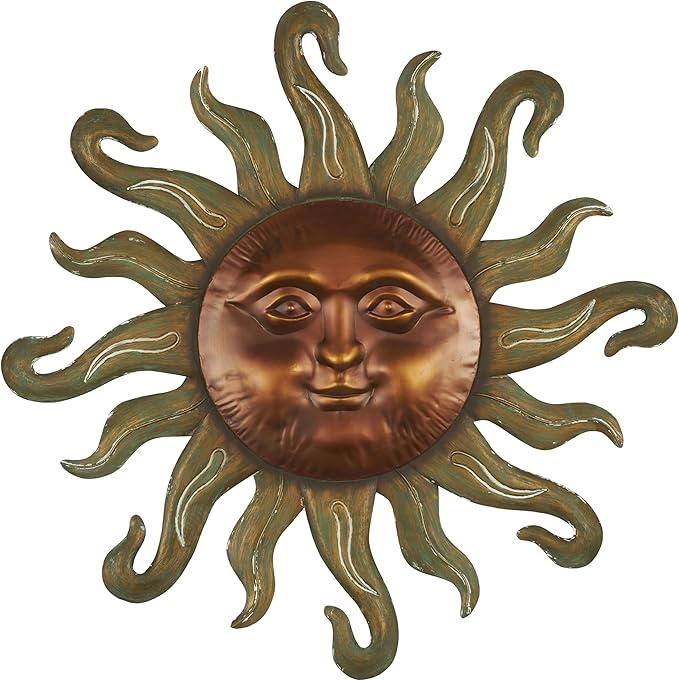 Deco 79 Metal Sun Home Wall Decor Wall Sculpture with Smiling Face and Curved Rays, Wall Art 31" x 1" x 30", Copper