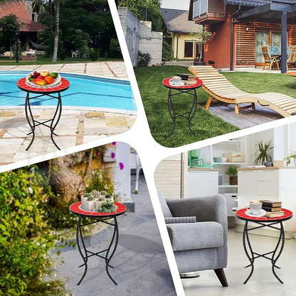 VCUTEKA Mosaic Outdoor Side Table, 14" Round Small Patio Accent Table Indoor End Table for Yard, Garden, Living Room, Bistro Balcony or Lawn Red