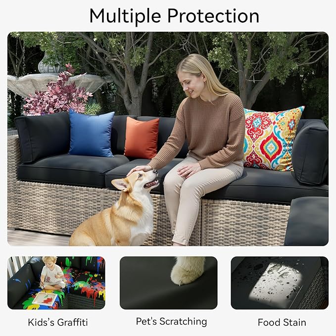 Aoxun 14pcs Patio Cushion Covers Replacement, Waterproof Outdoor Furniture Cushion Covers with Zipper and Non-Slip Bottom, Patio Sofa Couch 3 Sizes for Patio Sectional, Covers Only (Black)