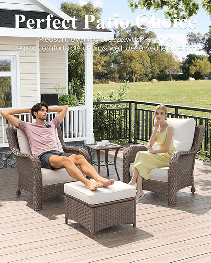 LayinSun 3 Piece Wicker Outdoor Furniture Set with 6-inch Comfy Cushions, High Back Patio Furniture Set with Rattan Armchairs and Side Table