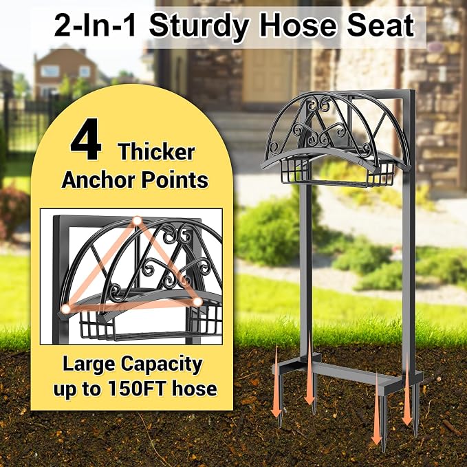 Garden Hose Holder Hanger Freestanding, Upgraded 4 Spikes Heavy Duty Storage Reel Stand with Storage Basket, Holds 150ft Hose for Outside Garden Yard Lawn vegetable patch