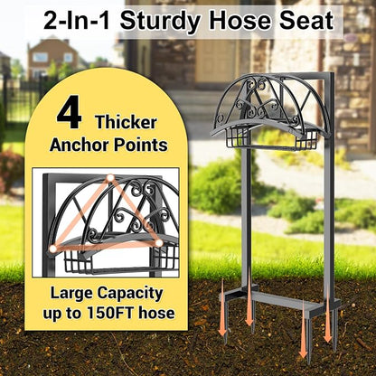 Garden Hose Holder Hanger Freestanding, Upgraded 4 Spikes Heavy Duty Storage Reel Stand with Storage Basket, Holds 150ft Hose for Outside Garden Yard Lawn vegetable patch