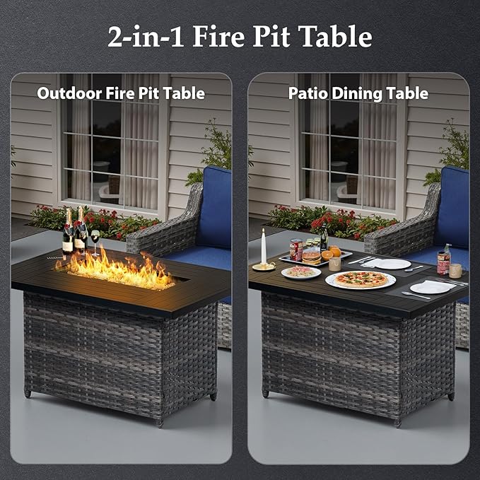 Patio Furniture Set with 42.5" Fire Pit Table-6 Pieces All Weather Wicker Outdoor Furniture with High Back Swivel Patio Chairs Set of 2 Outdoor Couch for Deck Balcony Backyard Blue/Gray