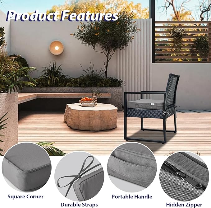 Outdoor Chair Cushions Set of 4,Waterproof Outdoor Seat Cushions for Patio Furniture,Patio Chair Cushion with Handle and Ties, Square Out Door Chair Pads,17" x 16" x 2", Dark Grey