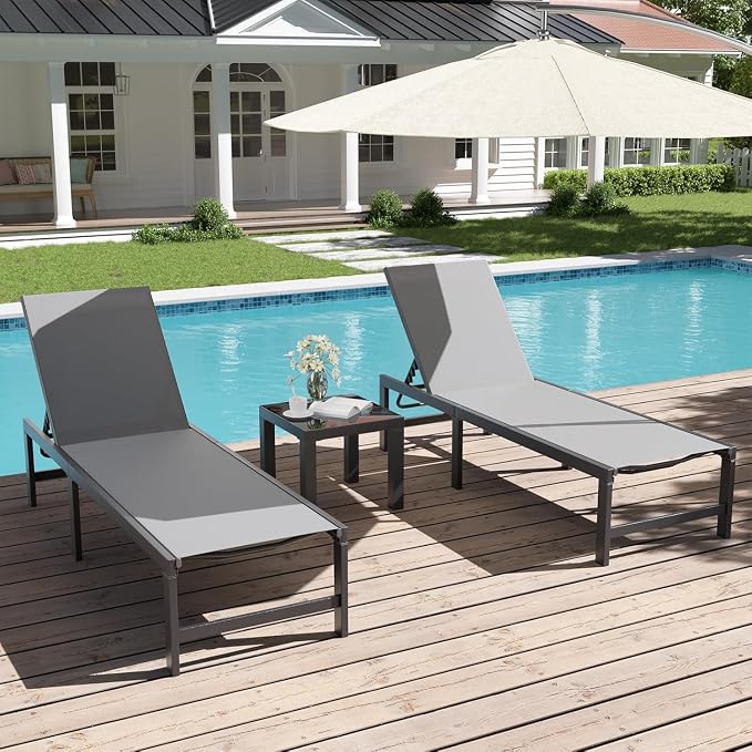 UDPATIO Outdoor Chaise Lounge Chair Set of 2 with Table Pool Lounge Chairs for Outside, Adjustable Lounger for Poolside Lawn Deck Lay Flat Sunbathing Backrest for Patio, Beach, Yard(Grey)