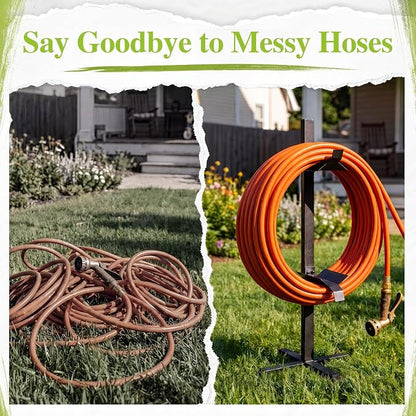Moxweyeni Garden Hose Reel Holder Stand with Ground Stakes, up to 150-ft Hoses, Detachable Metal Water Hose Holder, Heavy Duty Garden Storage Rack for Outside Yard Lawn