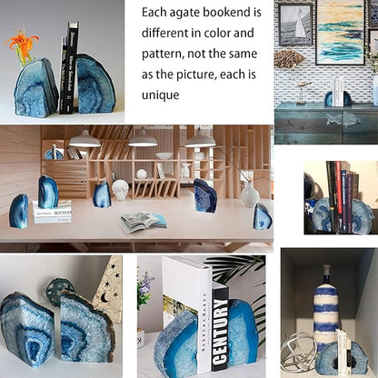 JIC Gem Blue Agate Bookends Geode Book Ends for Shelves Decorative Crystal Bookends Heavy Duty Bookend Bookshelf Decor with Rubber Bumpers(1 Pair, 3-4 LBS)
