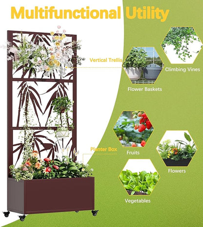 Metal Mobile Planter Box with Trellis, 75"x 32"x 15" Moblie Planter Box Trellis with Privacy Screen, Drainage Holes and 4 Lockable Wheels, Brown, Bamboo Style