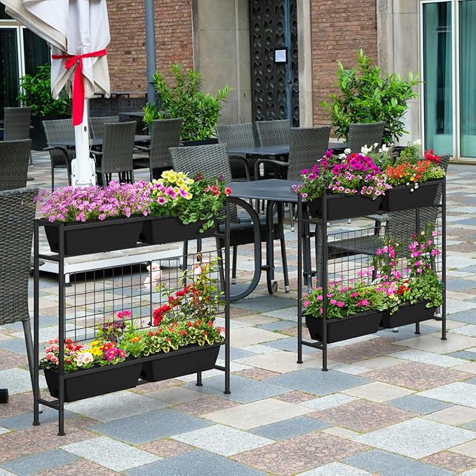 OYEAL Raised Garden Bed 32" Tall Elevated Planter Boxes with Trellis & Legs, Vertical Herb Garden Planter Outdoor for Gardening, Vegetables, Flowers, Herbs, Backyard, Black