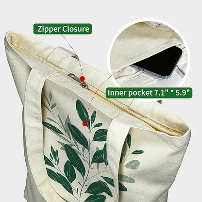 itgowisa Canvas Tote Bag for Women, Tote Bag with Zipper Inner Pocket, Zippered Canvas Bag for Shopping Work Grocery Everyday