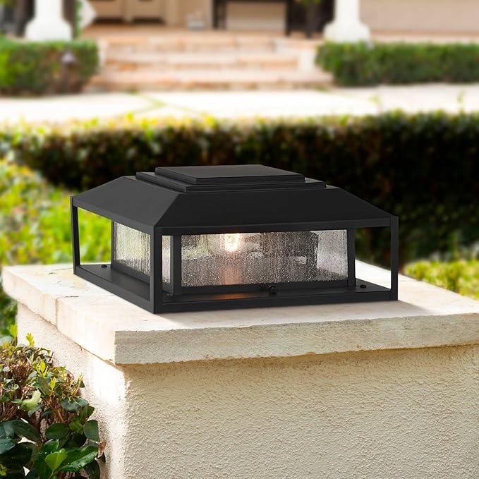 Gregor 6" High Modern Outdoor Pier Mount Light Fixture Porch House Exterior Outside Lantern Set of 2 Weatherproof Black Seeded Glass Shade Front Door Patio Garage Home Deck - John Timberland