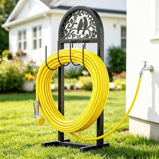 YQSLYSF Garden Hose Holder for Outside, Water Hose Reel Freestanding with 4 Stake, Heavy Duty Metal Hose Stand Storage Rack Holds 150Ft