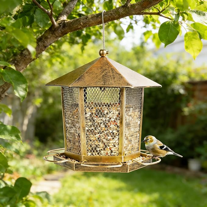 Hexagonal Gazebo Bird Feeders, Metal Hanging Wild Finch Bird Feeder, Outdoor Weatherproof Birdfeeder for Garden Patio Backyard Lawn Decor