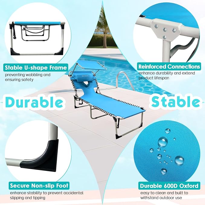 Outdoor Tanning Chair with Sun Canopy Shade & Face Hole, Folding Lounge Chair with Beach Table and Carry Bag for Poolside Sunbathing Lawn