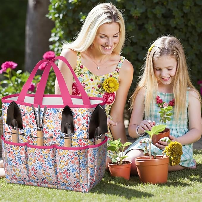 Boho Garden Tool Bag - Waterproof Floral Garden Tote with 8 Pockets, Large Storage Home Organizer Gardening Tool Oxford Bag for Garden Tools Kits Holder, Ideal Outdoor Gardening Gift for Women & Men