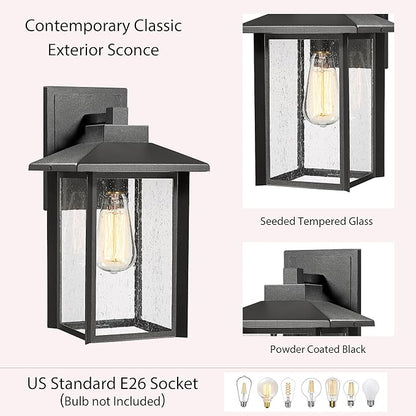 Bestshared Outdoor Wall Lights, Outside Sconce Light, Exterior Lighting Fixture, Outdoor Wall Lantern, Black Porch Lamp with Seeded Glass for Entryway, Garage (Black, 12.4" H)