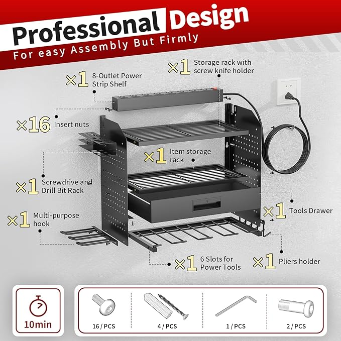 Power Tool Organizer Wall Mount Heavy Duty 130 lbs, 4 Layers Storage Rack with 6 Drill Holders & Battery Storage, Cordless Tool Organizer for Garage, Workshop & Tool Room