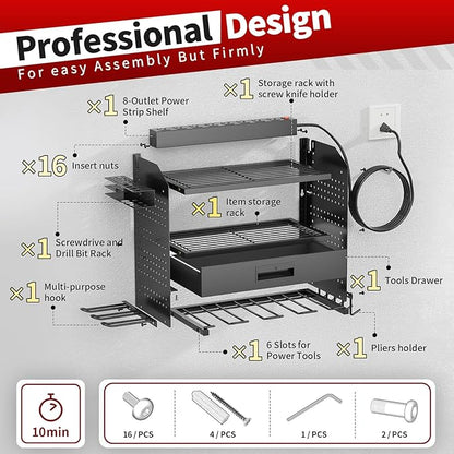 Power Tool Organizer Wall Mount Heavy Duty 130 lbs, 4 Layers Storage Rack with 6 Drill Holders & Battery Storage, Cordless Tool Organizer for Garage, Workshop & Tool Room