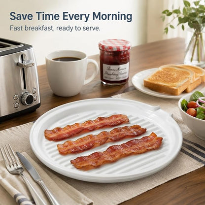 ONEMORE Microwave Bacon Tray with Lid Ceramic Bacon Cooker Meat Rack for Oven Cooking Crispy Bacon Maker with Cover - 11 inch Round Bacon Dish Plate, White