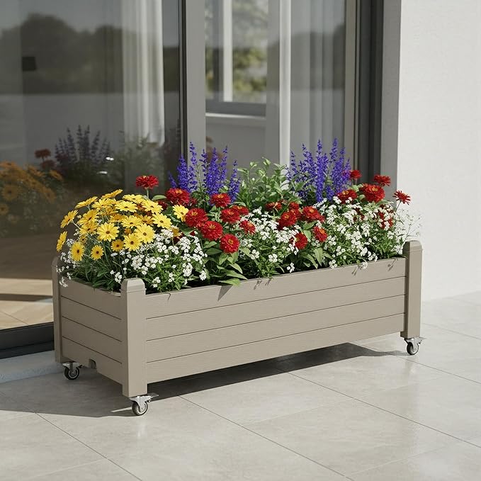 Raised Garden Bed with Wheels Outdoor, Resin Planter Box with Drain Hole and Water Level Detector for Backyard, Patio, Balcony(Gray)