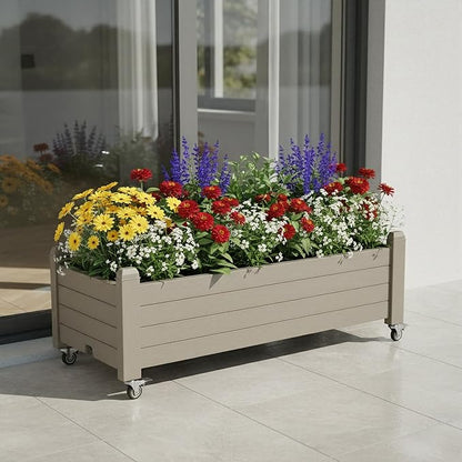 Raised Garden Bed with Wheels Outdoor, Resin Planter Box with Drain Hole and Water Level Detector for Backyard, Patio, Balcony(Gray)