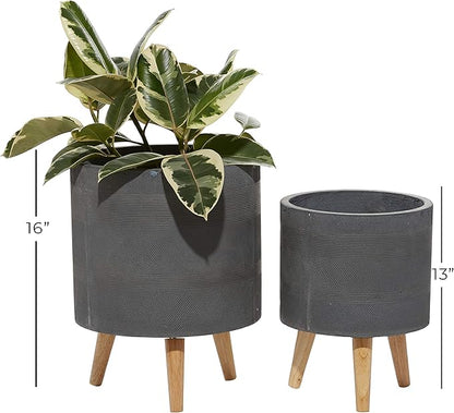 Deco 79 Magnesium Oxide Indoor Outdoor Planter Large Planter Pot with Wood Legs, Set of 2 Planters 13", 16"H, Gray