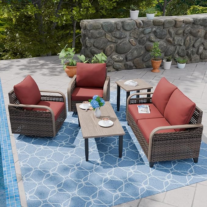 COOS BAY Modern Wicker Outdoor Furniture Set, Patio Conversation Set with Swivel Rockers, 2 Seat Loveseat, Coffee Table and Side Table, 5 Piece, Brown/Red