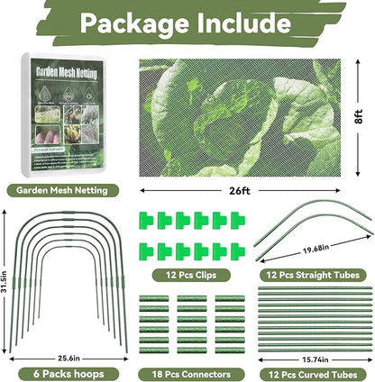 Garden Mesh Netting Kit for Raised Beds, 8 * 26FT Ultra Fine Plant Netting Covers with 6 Pcs Wide Garden Hoops & 12 Clips, Row Cover Net Protect Greenhouse Fruit Vegetable Flowers from Birds Bugs