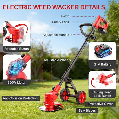 Cordless Weed Wacker with Wheels, 650W Electric Weed Trimmer, 2x2.0Ah 21V Battery Powered, 3 Types Blades Weed Eater Brush Cutter, String Trimmer Lawn Mower Edger Tool for Garden Yard